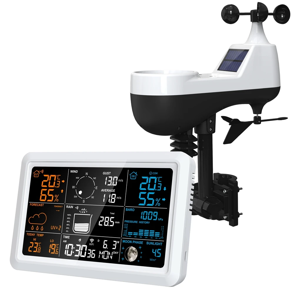 

Беспроводная метеостанция Tuya, автоматический будильник, календарь, термогигро, УФ-солнечный свет, датчик осадков ветра, солнечная панель, датчик прогноза