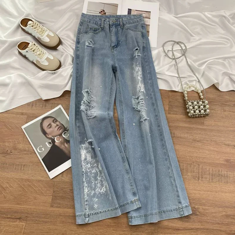 

Hole Wide Leg Jeans Women Summer Y2K Streetwear Hottie Vintage Denim Pants Loose Casual Harajuku High Waist Straight Trouser New