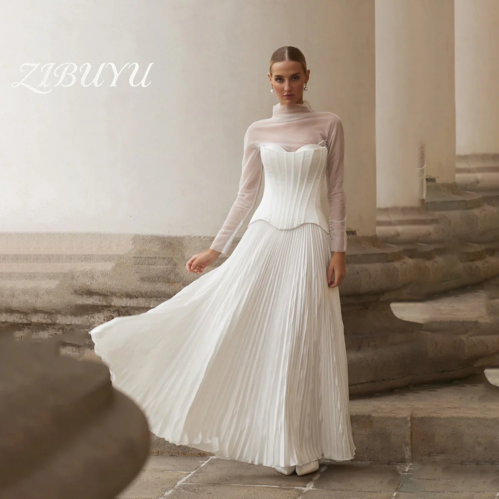 

ZIBUYU Customized Elegant Luxury Wedding Dress High Neck Sheer Long Sleeves Sweetheart Boned Corset Bodice Pleated Bridal Gowns