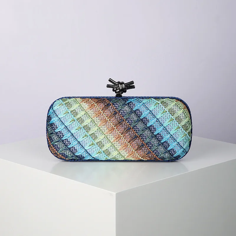 

Fashion New Women's Straw Style Colorful Woven Clutch Bags Luxury Hand Weaving Summer Beach Bag Cross Chain Large Evening Purse
