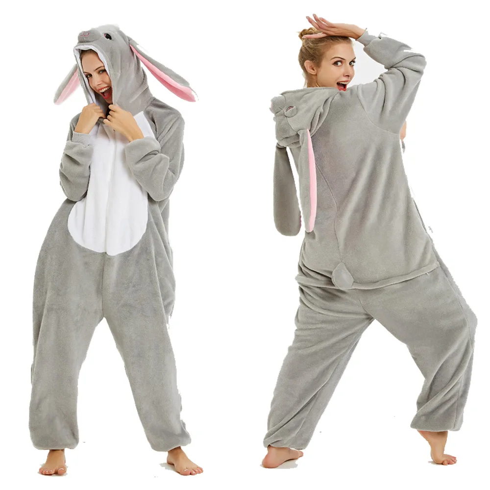

One Piece Hooded Jumpsuits Bunny Animal Kigurumi Pajamas Women Men Oneises Adult Winter Flannel Overalls Kigurumi Adults