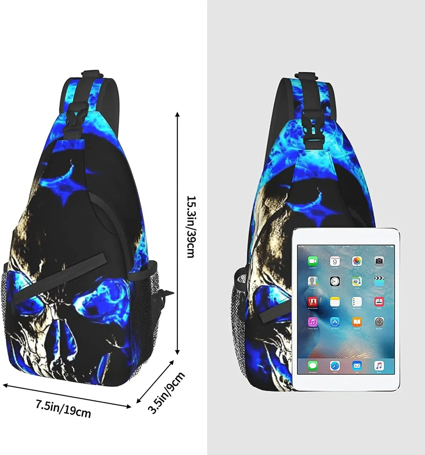 Crossbody Backpack Skull Blue Fire Sling Shoulder Bag for Men Women Durable Adjustable Gym Bag Cycling Traveling Hiking One Size