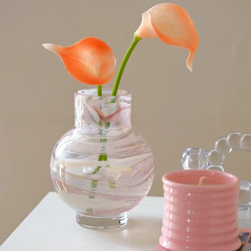 

Pink moire desktop glazed small vase home glass flower arrangement minimalist retro French