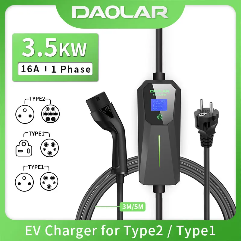 

Daolar 3.5KW 16A car charger Portable ev charger 1phase Type 2 IEC62196 Type1 J1772 3.5m Charging Cable Electric Vehicle Charger