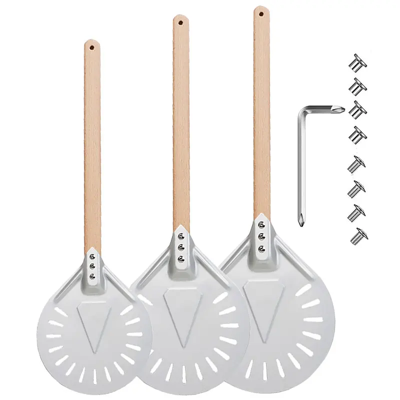 7/8/9 Inch Aluminum Perforated Pizza Peel Metal Round Pizza Paddle Non Slip Wooden Handle Pizza Spatula Shovel Baking Tools