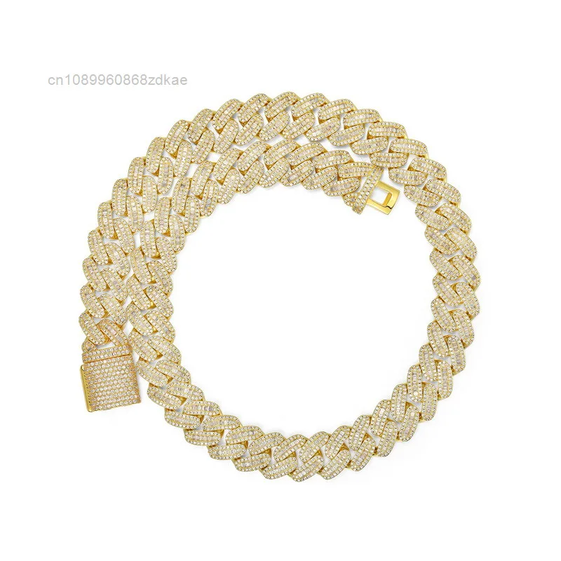 

Pass Tester GRA VVS Moissanite Baguette Necklace with 16MM Hiphop Cuban Link Chain Miami New Silver Design for Men