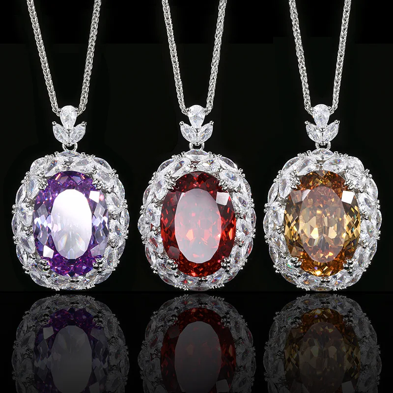 Jewelry Gold-Plated Purple Diamond Pendant Necklace Large Oval Shape 18*25