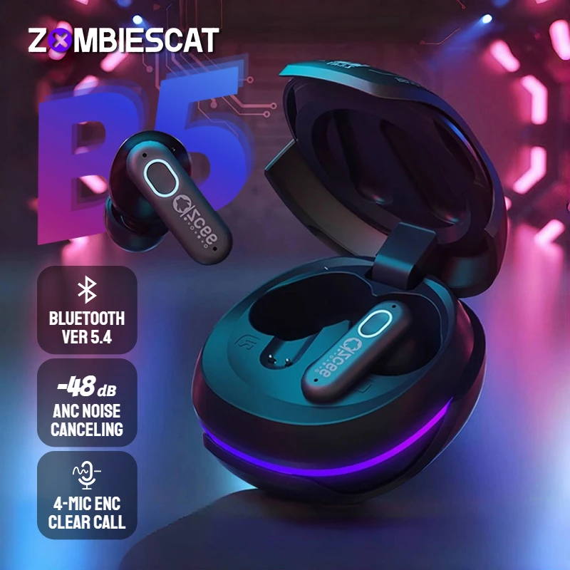 

Zombies Cat B5 ANC Earphones Bluetooth 5.4 Active Noise Cancellation Headphone Dual Connection TWS Wireless Earbuds with 4 Mics