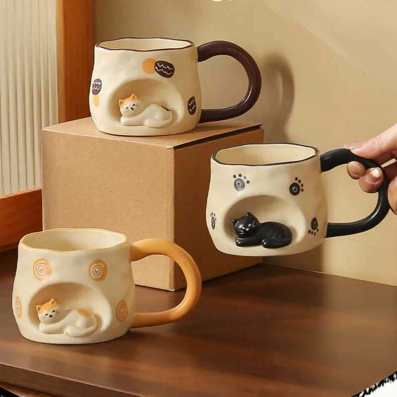 Ceramic Coffee Mug Cute Cat 3D Porcelain Cup With Handle Tea Milk Water Cup Yellow Drinkware Birthday Gift for Women
