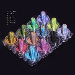12병/세트 홀로그램 네일 아트 글리터 파우더 Net0.5g 초미세 레이저 크롬 안료 0.05mm 반짝이는 매직 미러 매니큐어 먼지