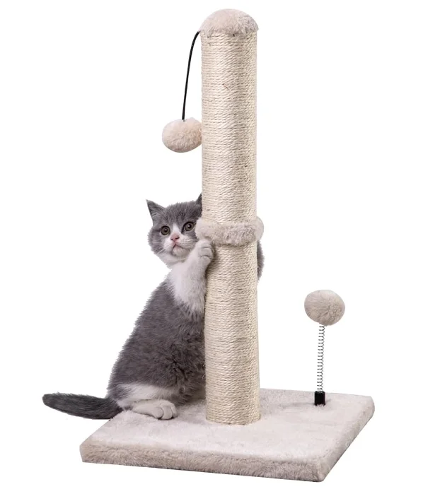 Vertical Sisal Cat Scratching Post with Dangling & Spring Plush Balls, Small Cat Tree Scratcher, Kitty Grinding Claw Toy for