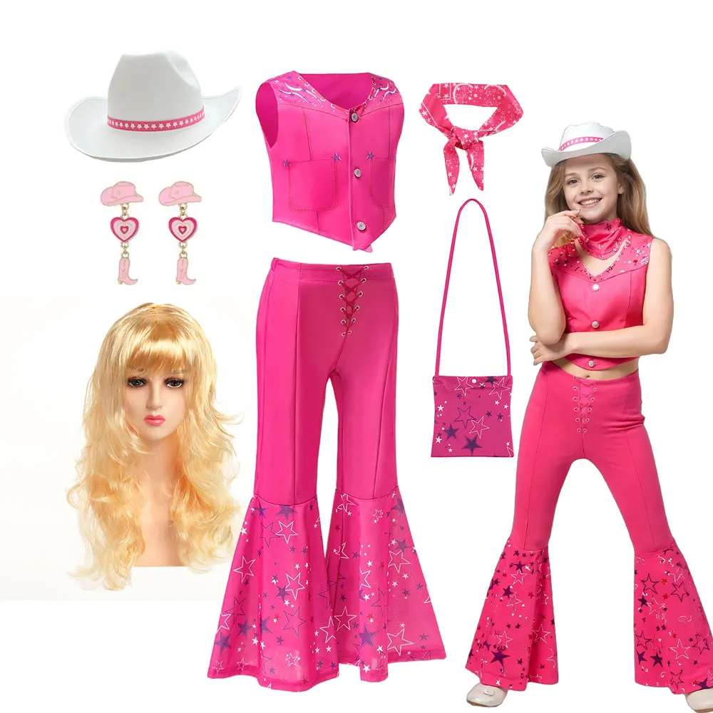Summer Rose Pink Sleeveless Girl Cosplay Outfit Star Print Flared Pants Cowgirl Fashion Set with Bandana for Kid Cowboy Uniform