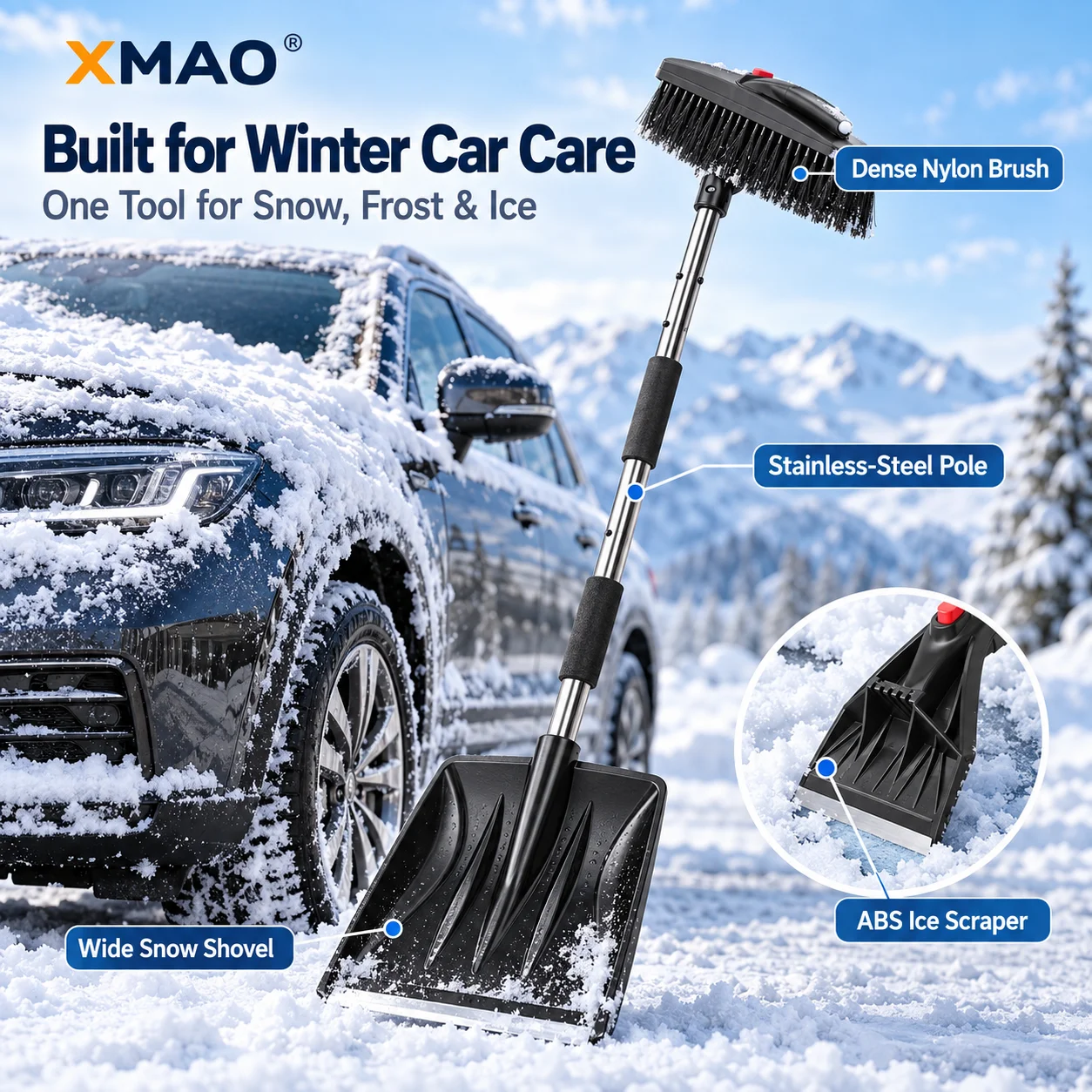 3-in-1 Car Snow Shovel Ice Scraper Brush, Stainless Steel Detachable Pole 360° Rotating Head Winter Cleaning Tool for SUV Truck