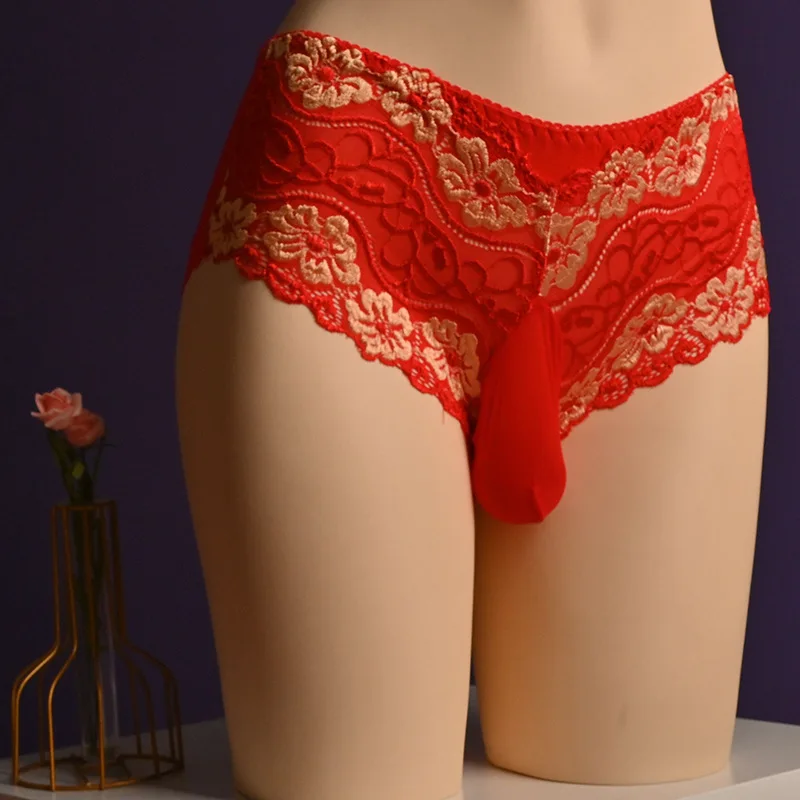 Men Underwear Flower Embroidery Breathable Sissy Pouch Sheath Panties Oil Shiny Lace Underpants Ultrathin See Through Lingerie