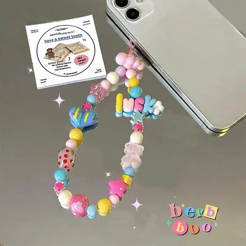 Homemade Cream Love Lukcy Letter Beaded CCD Hanging Cord Cute and Sweet Girl Phone Chain Anti Release Wrist Strap