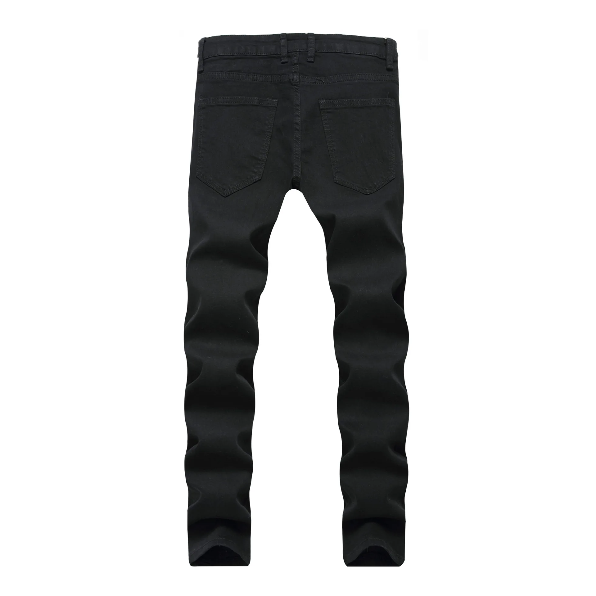 Men's Black Stretch Jeans for Fall, Denim Pants with Ripped and Embroidered Details, Asian Sizes, Spring Casual Trousers.