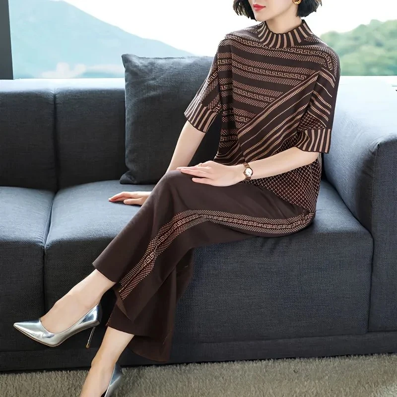 Spring Autumn New Two Piece Mid Sleeve Knitted Set Women\'s Fashion Style Loose Top+Wide Leg Pants Mother Casual Clothing Sets