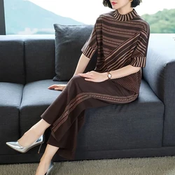 Spring Autumn New Two Piece Mid Sleeve Knitted Set Women's Fashion Style Loose Top+Wide Leg Pants Mother Casual Clothing Sets