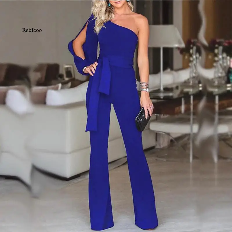 

Fashion Solid Women One Shoulder Jumpsuit High Waist Lace Up Bodysuit Office Slim Lady Party Long Trousers Pants 2022 New