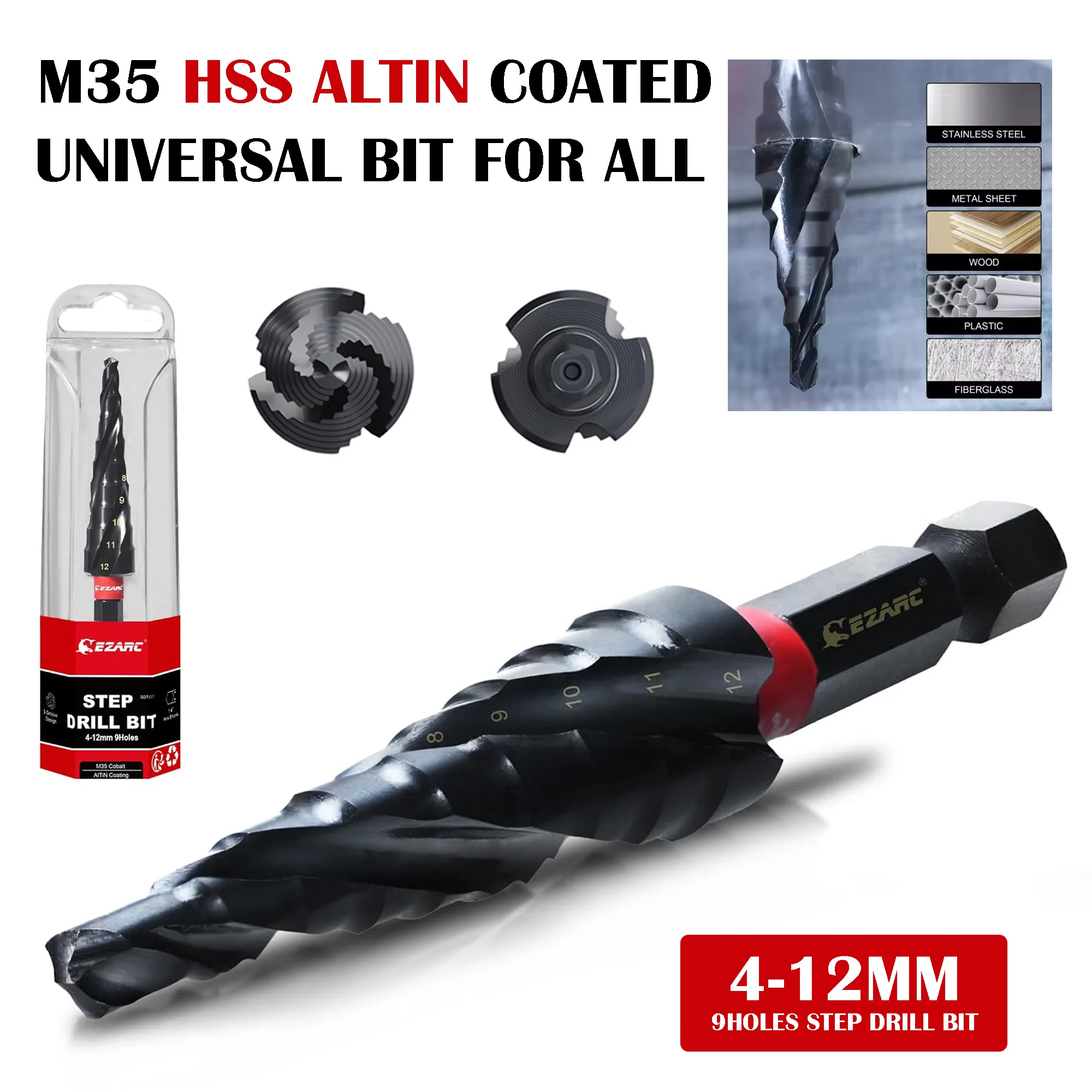 

EZARC Step Drill Bit for Metal 1PC, 4-12mm M35 Spiral Flute Unibit Step Drill Bit, 1/4" Hex Shank, Wear-Resistant AlTiN Coated