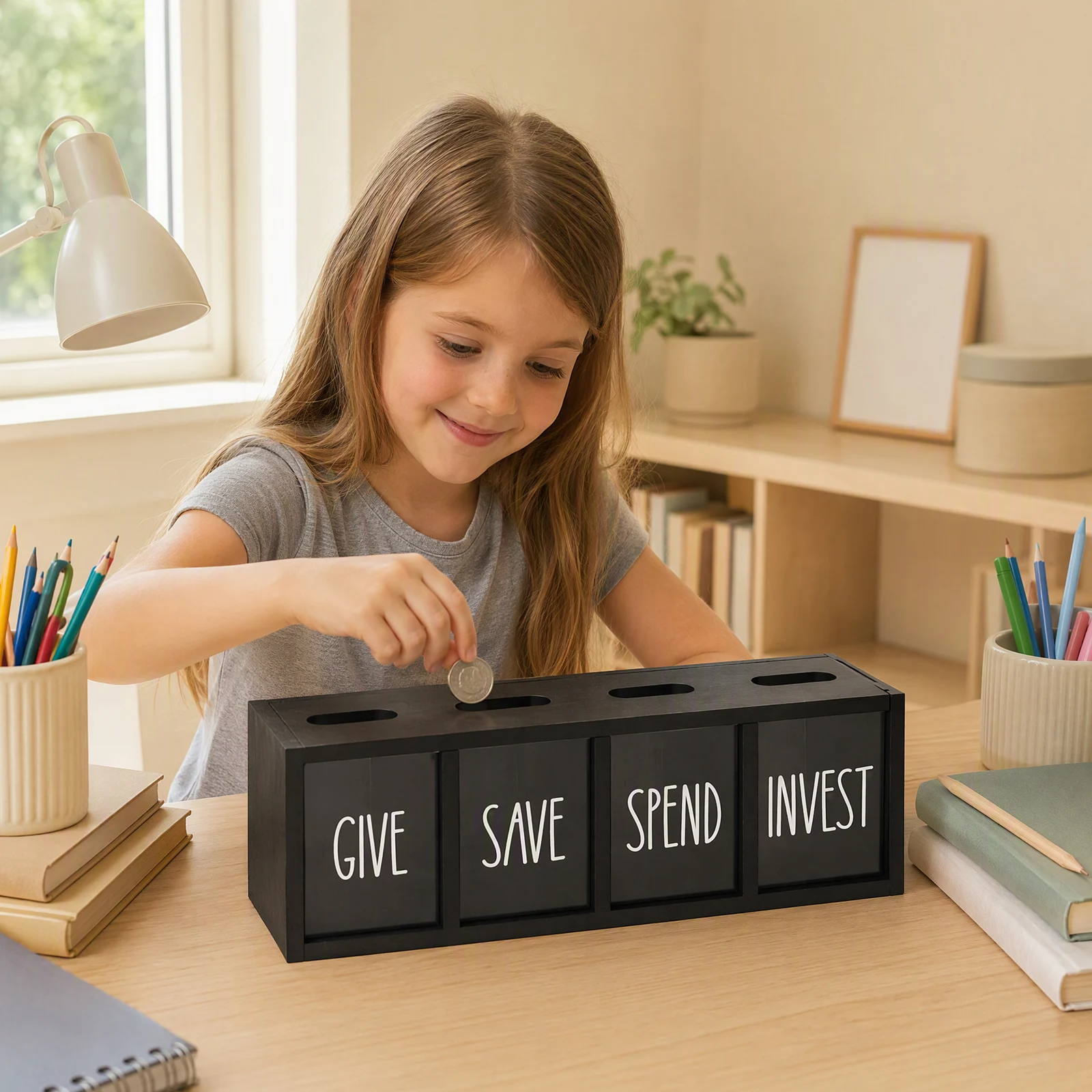 Kids Money Management Box Wood 4 Zone Save Spend Donate Invest Transparent Acrylic Window Magnetic Lid