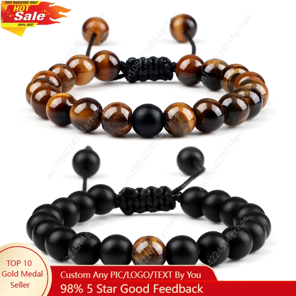 

8mm Natural Stone Beads Bracelet for Women Men Handmade Lava Tiger Eye Bangle Woven Adjustable Rope Energy Healing Jewelry Gifts