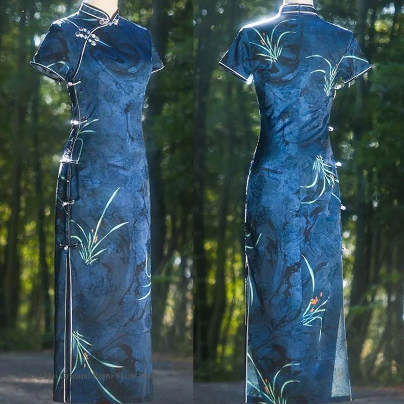 

Элегантное женское платье в китайском стиле: винтажное традиционное китайское ципао, ханьфу, сексуальное платье с цветочным принтом и разрезом, костюм ципао