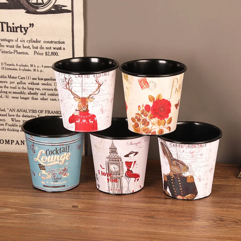 

Retro Wrought Iron Thickened Desktop Trash Can Uncovered Home Living Room Dining Table Countertop Peel Garbage Storage Bucket