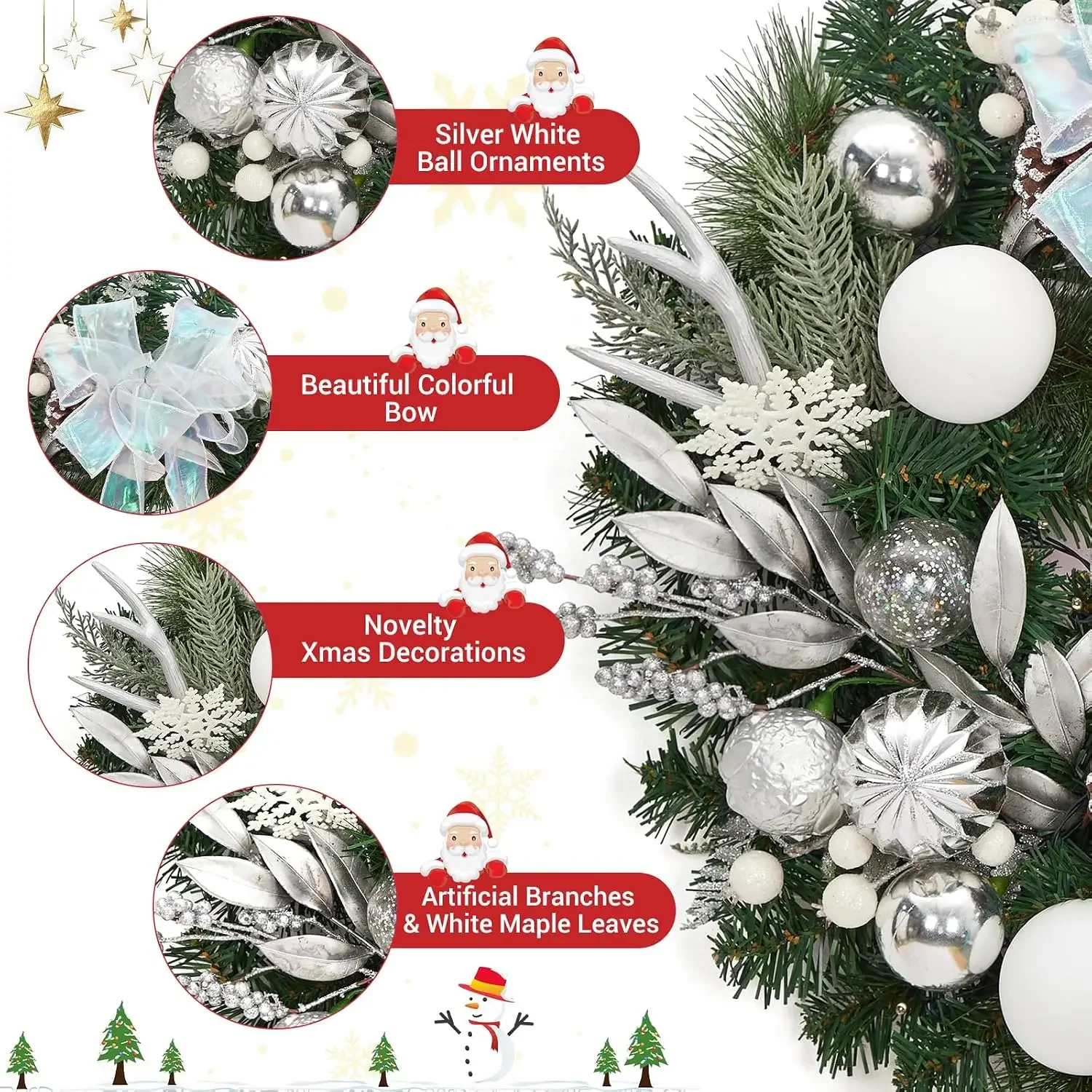 Garvee 6FT White Silver Christmas Garland with Lights & Timer for Mantle 20 LEDs 8 Modes Battery Operated, Lighted Winter Garland with Deer Antlers & Ball Ornaments for Fireplace Stairs - view 7