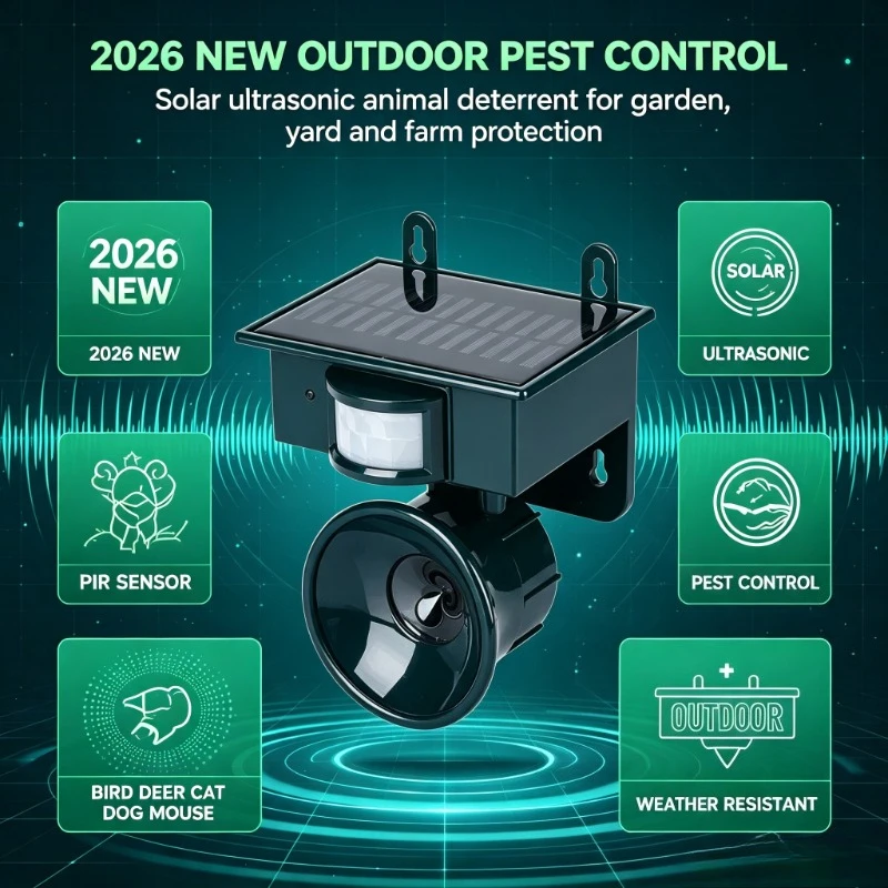 Yard‑placed Animal Repelling Tool, Solar ultrasonic device guarding garden crops against deer and birds