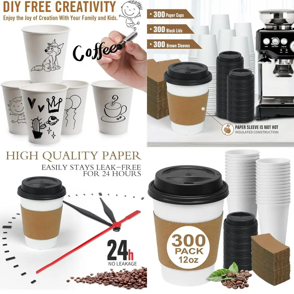 

12 oz Thickened Paper Coffee Cups with Lids & Sleeves, 300 Pack, Ideal for Hot Drinks and To-Go Beverages