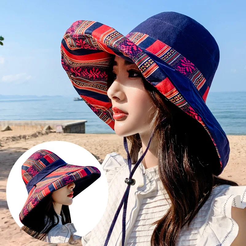 Women Bucket Hat Wide Brim Sun Hats Metal Wired Edge Summer UV Protection UPF Boho Cap for Beach Hiking Garden Travel Chin Strap