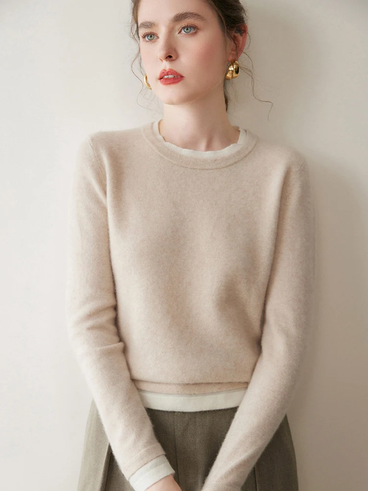 MEETCC Базовый женский свитер из 100% кашемира, искусственный пуловер из 2 предметов, весенне-осенний кашемировый трикотаж, роскошный джемпер с круглым вырезом, мягкие топы