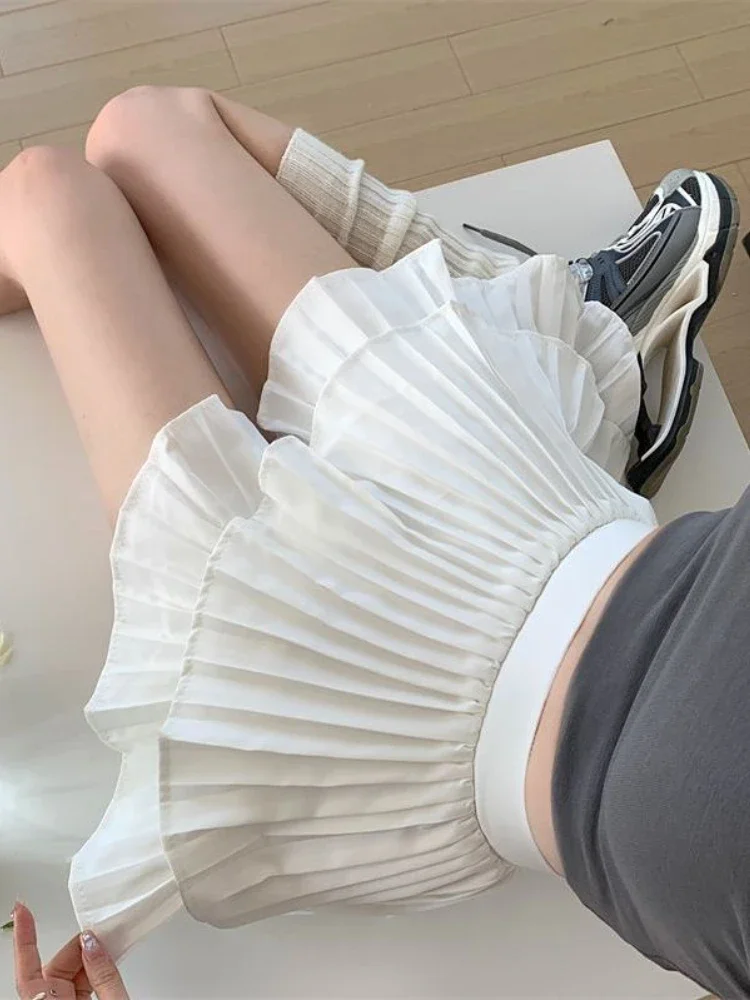 HOUZHOU Ruffles Skirt Shorts Women Summer Double Layered Patchwork High Waist School Pleated Mini Skirt Korean Style Casual