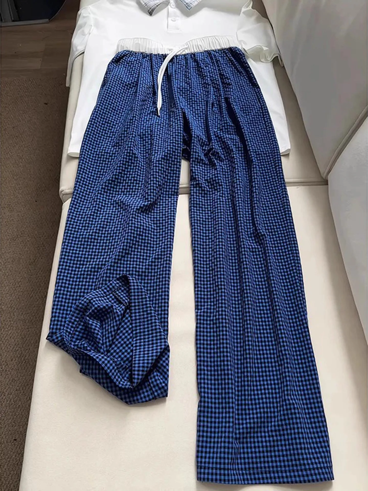 

Светло-голубые клетчатые брюки с прямыми штанинами и широкими штанинами Lazy Sle Ice Silk Qui Dry Cool Feeling Кондиционер Летние повседневные брюки