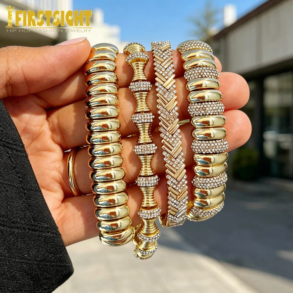 New Gold Color Chunky Stretchy Bracelet High Polished Shiny Paved CZ Curved Circle Geometric Adjusted Size Women Jewelry - view 6
