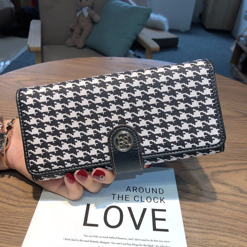Long Genuine Leather Women Wallets Two-toned Cowhide Phone Purse High Capacity Houndstooth Clutch Bag Branded Style Billfold