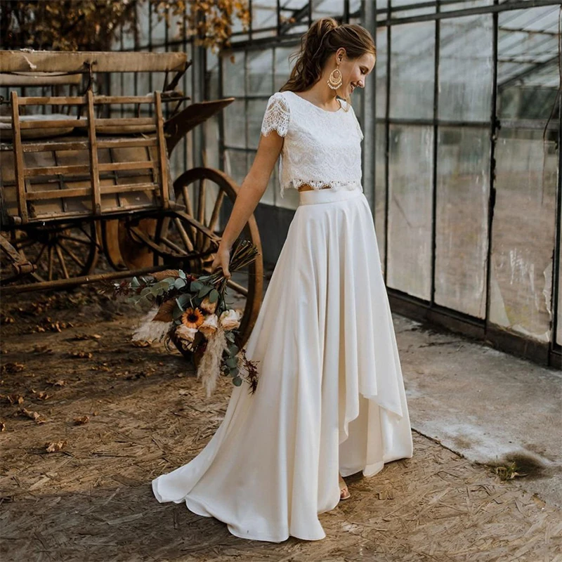 9399 #   Personalizado duas peças vestidos de casamento renda superior manga curta vestido de noiva jóia pescoço praia vestido de casamento vestidos de novia