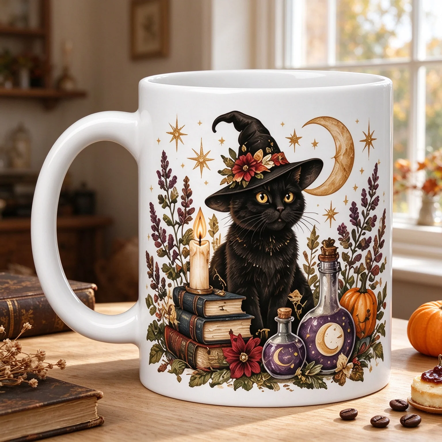 Witchy Black Cat Potion Print 11oz Ceramic Coffee Mug Crescent Moon Spell Book Halloween Home Decor Gift for Cat Lovers