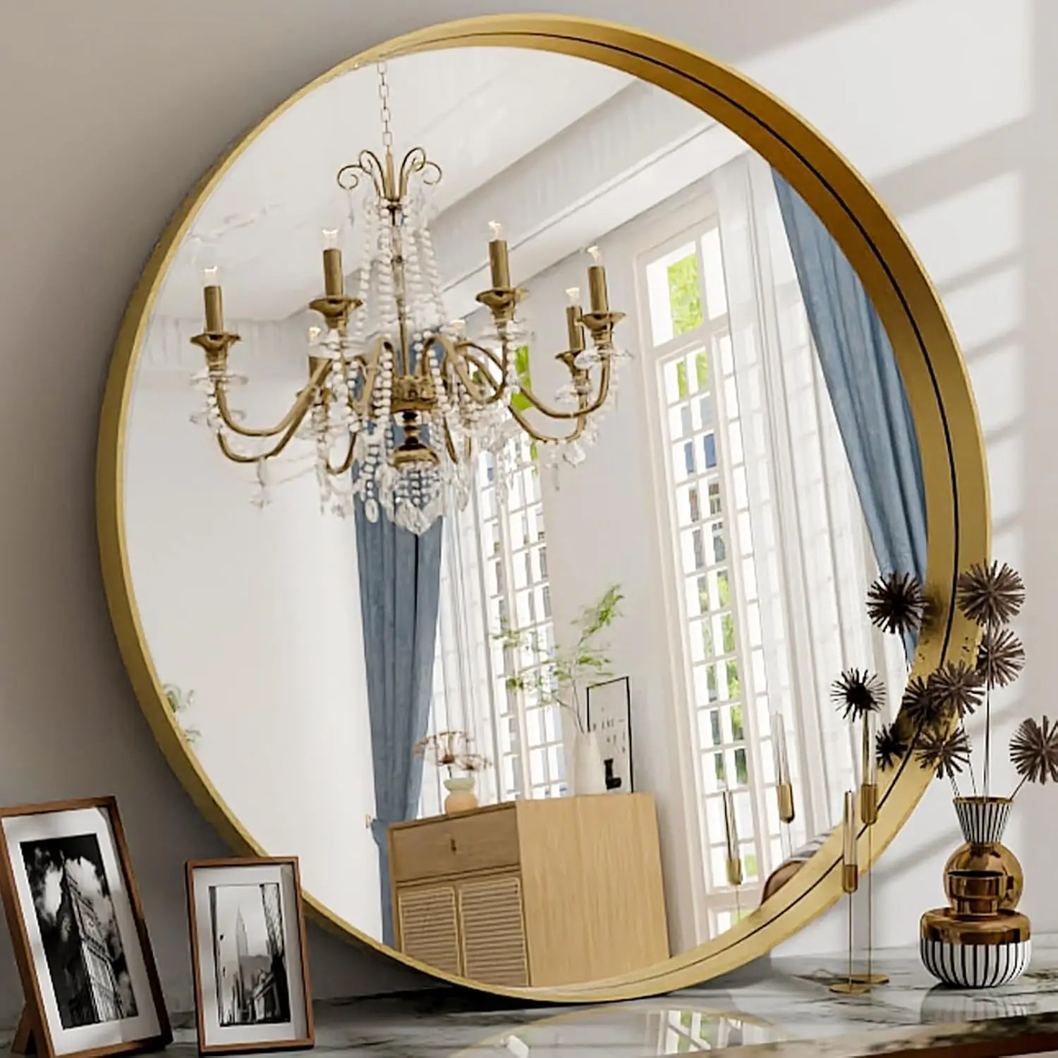 

30 Inch Round Bathroom Mirror with Gold Metal Frame, Wall Mounted for Vanity Entryway Living Room Decor