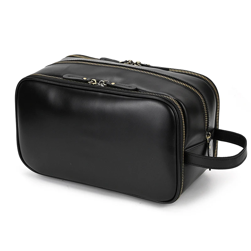 Bolsa de viaje de aseo de cuero genuino para hombres y mujeres, bolsas de maquillaje de estilo de lujo negro, bolsa de lavado para hombres y