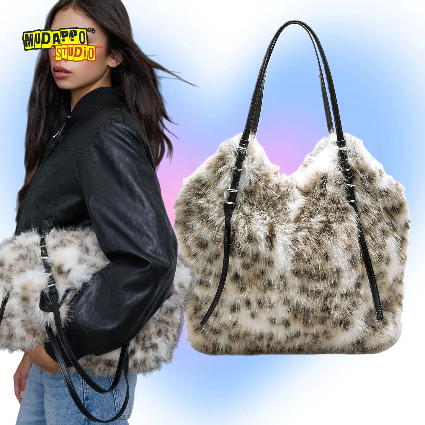 

Street Style Large Capacity Leopard Print Faux Fur Shoulder Tote Bag for Women Cosmichoney Brand Trendy Cool Square Shape