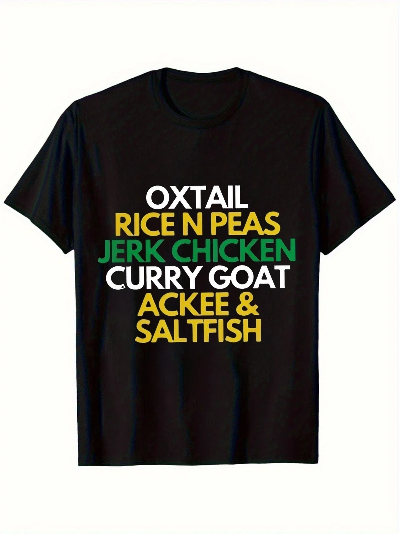 Camiseta con estampado de cocina jamaicana para hombre, diseño retro de cocina caribeña, colas de res con arroz, frijoles lotus, pollo a la brasa, curry de cordero, curry de loto, aperitivo de pescado, regalo informal, ideal para amantes de la comida, atuendo para clima cálido_Pixian_