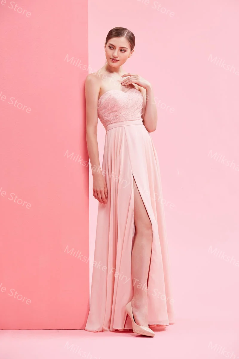 فساتين سهرة نسائية أنيقة عتيقة بدون أكمام على شكل حرف A فساتين حفلات شيفون بفتحة جانبية سويب تراين مخصصة لحفلات الزفاف #5