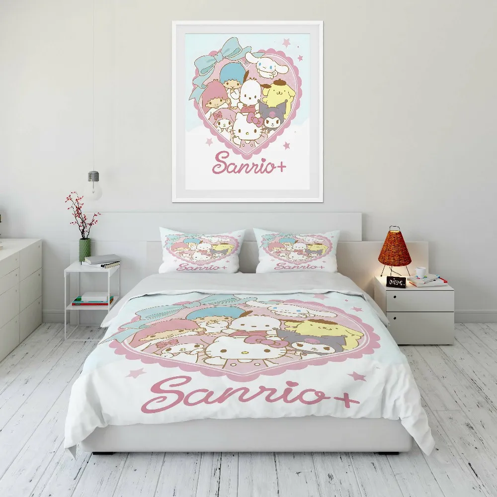 Kawaii Sanrio Character Friends Printed Bedding Set Cartoon Duvet Cover Comforter Pillowcase Boys Girls Children Adults King