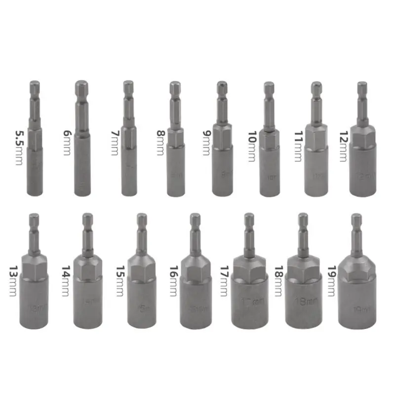 

(HOPE) 15Pcs 80Mm Length Deepen Power Nut Driver Drill Bit Set 5.5-19MM Impact Socket Adapter for Power Tools 6.35MM Hex