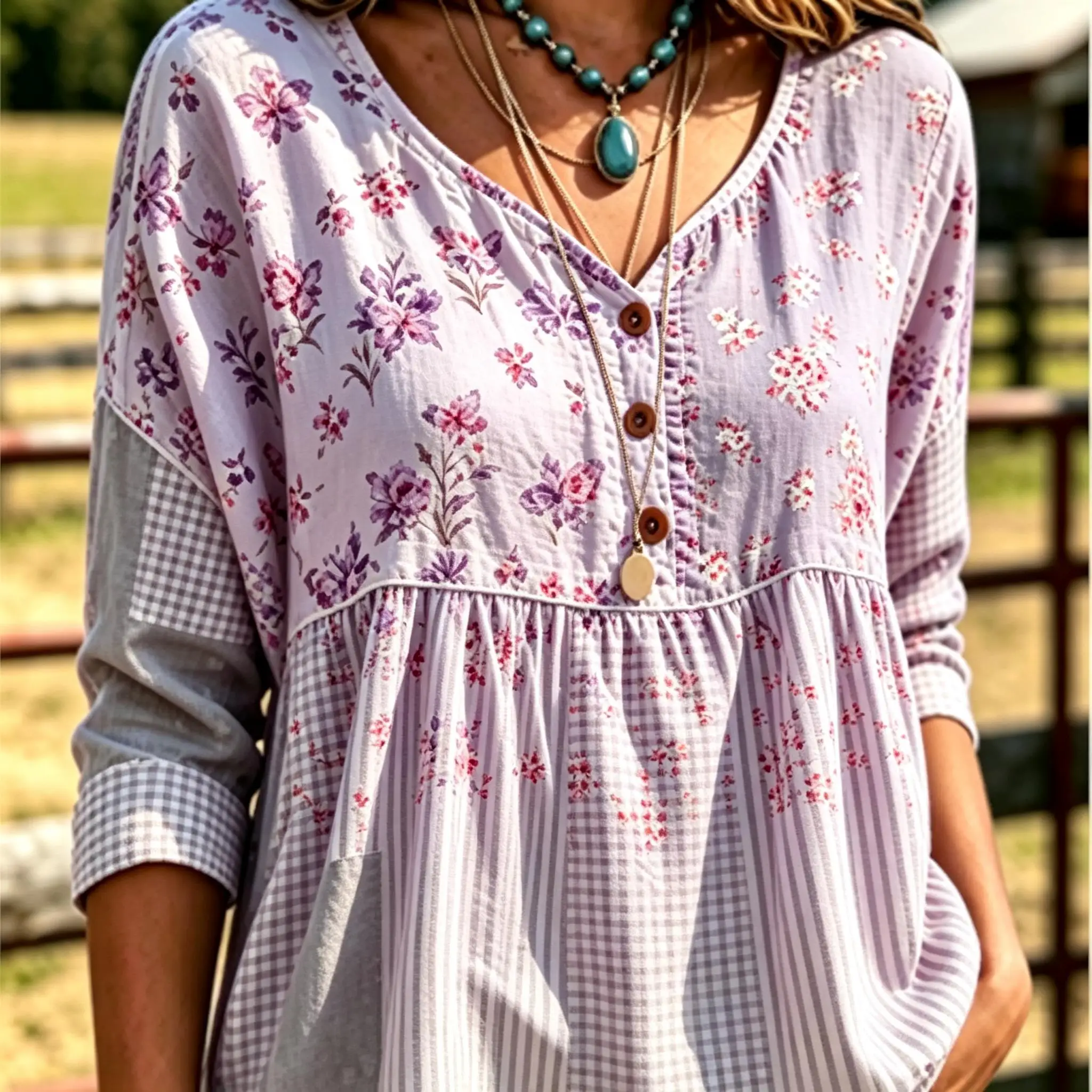 Women Tiny Flower  Print V Neck Half Button 3/4 Sleeve Peplum Blouse Loose Babydoll Casual Daily Top