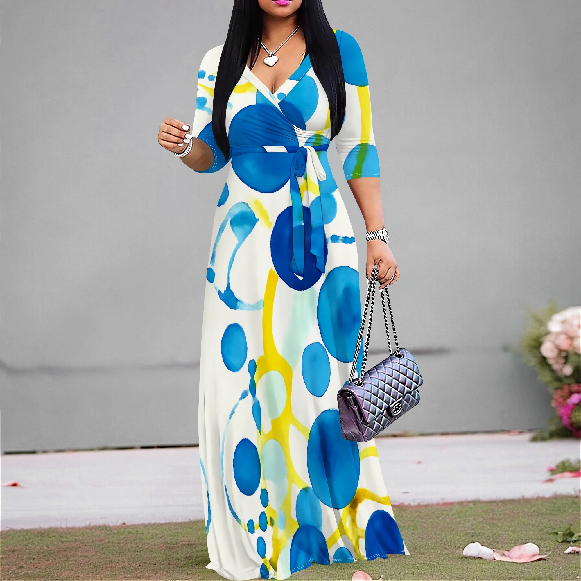 

Blue Yellow Dot Print Maxi Dress S‑3XL V‑Neck 3/4 Sleeve Belted Wrap Style for Art Show, Spring Brunch or Beach Vacation