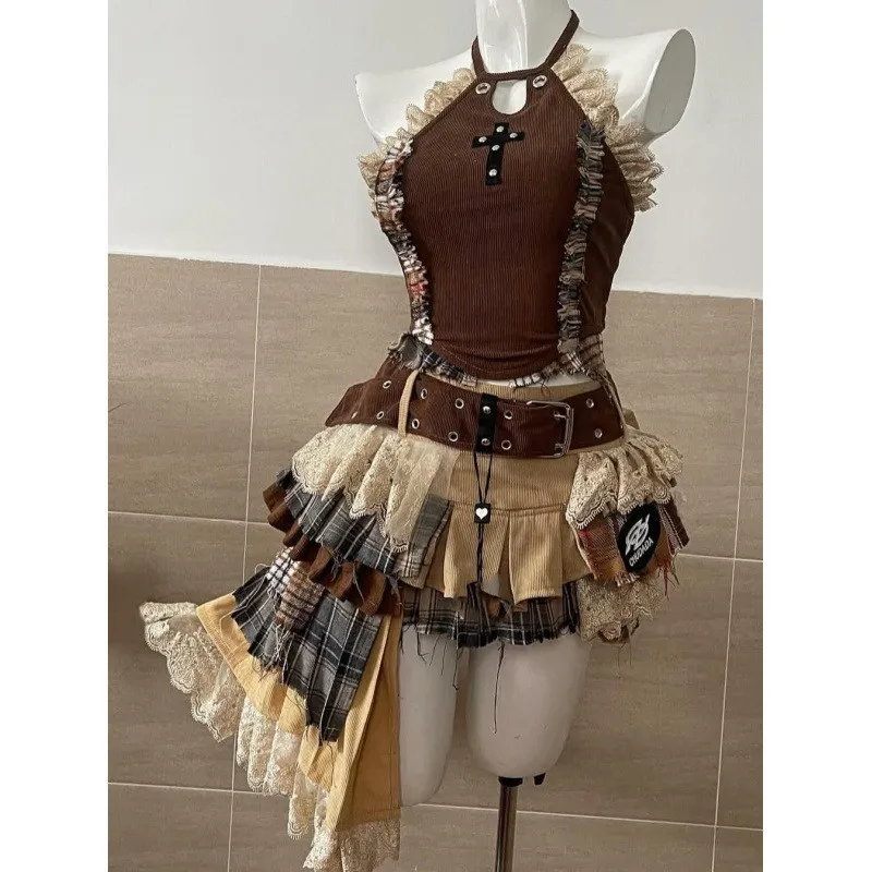 Gothic Hot Girl Vintage Slim 2 Piece Set Patchwork Belt Tube Top + Short Fluffy Skirts New Sexy Style American Chic Suit Summer