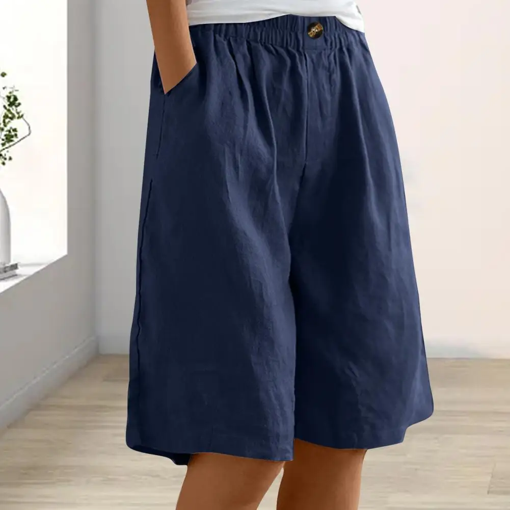 Pantalones cortos de lino y algodón para mujer, Capris holgados con bolsillos y botones, cintura elástica, Color sólido, a la moda